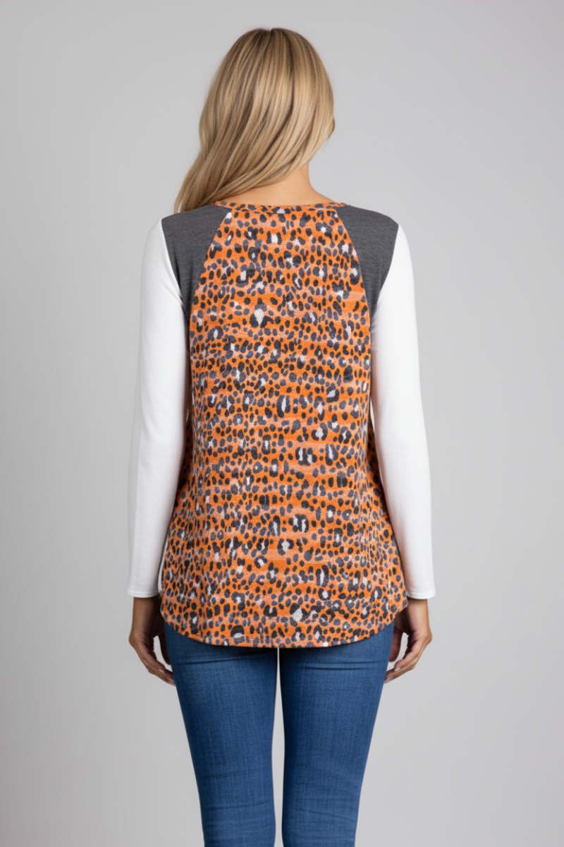 ORANGE ANIMAL PRINT LONG SLEEVES CONTRAST TOP-B5551-