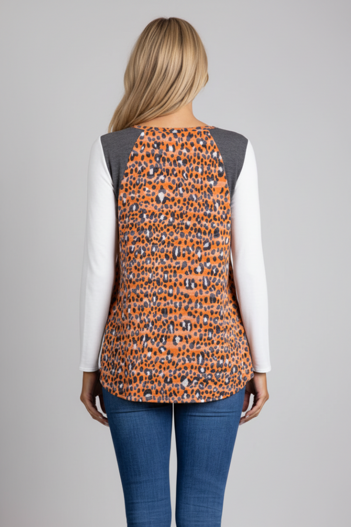 ORANGE ANIMAL PRINT LONG SLEEVES CONTRAST TOP-B5551-