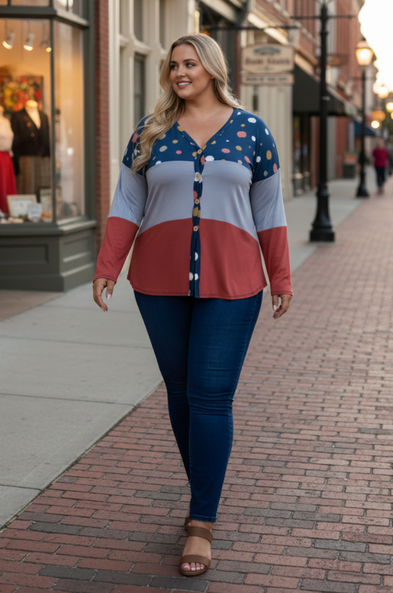 POLKADOT COLOR BLOCK BUTTON DOWN PLUS SIZE SWEATER-CT43590DX-