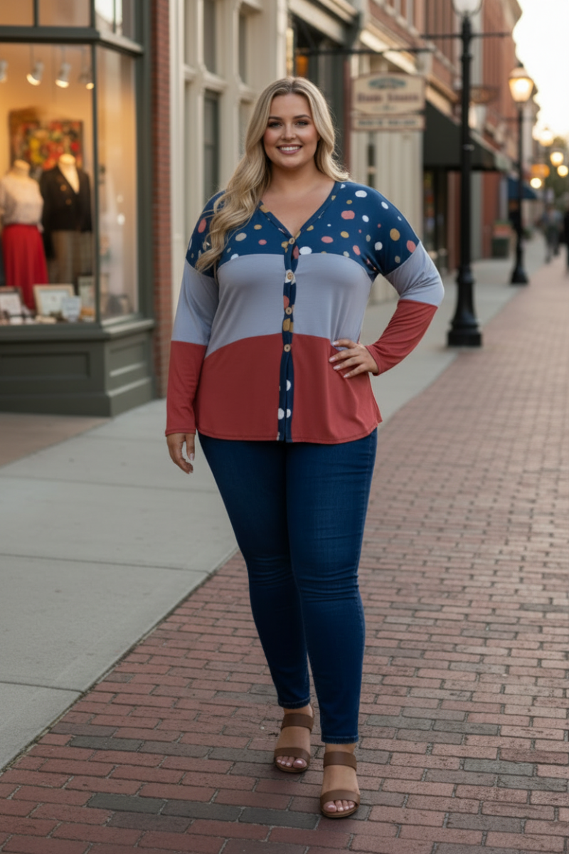 POLKADOT COLOR BLOCK BUTTON DOWN PLUS SIZE SWEATER-CT43590DX-
