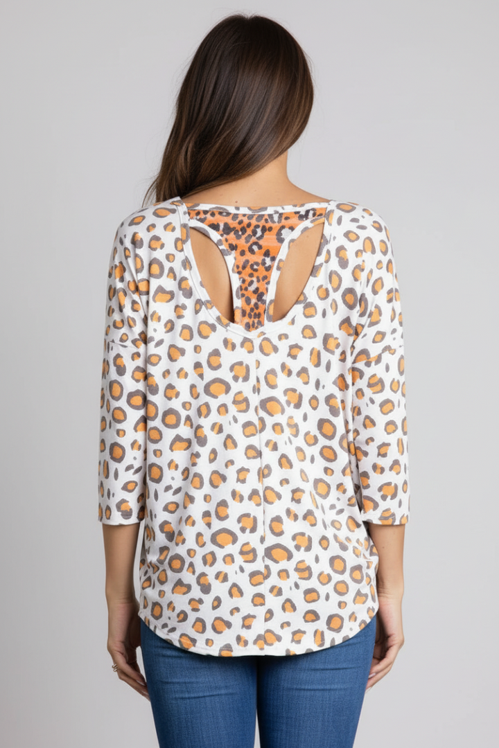 IVORY CHARCOAL ANIMAL PRINT 3/4 DOLMAN SLEEVE TOP-B5525