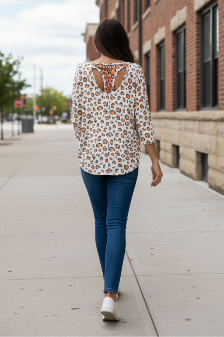 IVORY CHARCOAL ANIMAL PRINT 3/4 DOLMAN SLEEVE TOP-B5525
