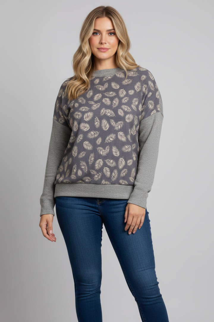GREY LEAVES PRINT RIB CONTRAST PLUS SIZE TOP-TP1952