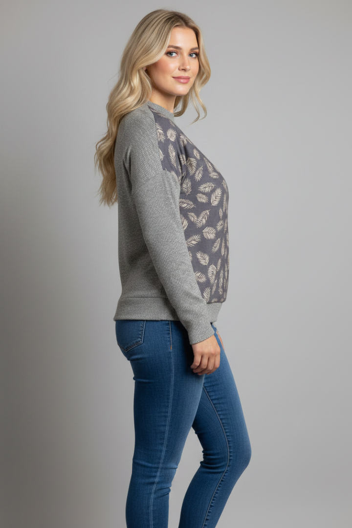 GREY LEAVES PRINT RIB CONTRAST PLUS SIZE TOP-TP1952