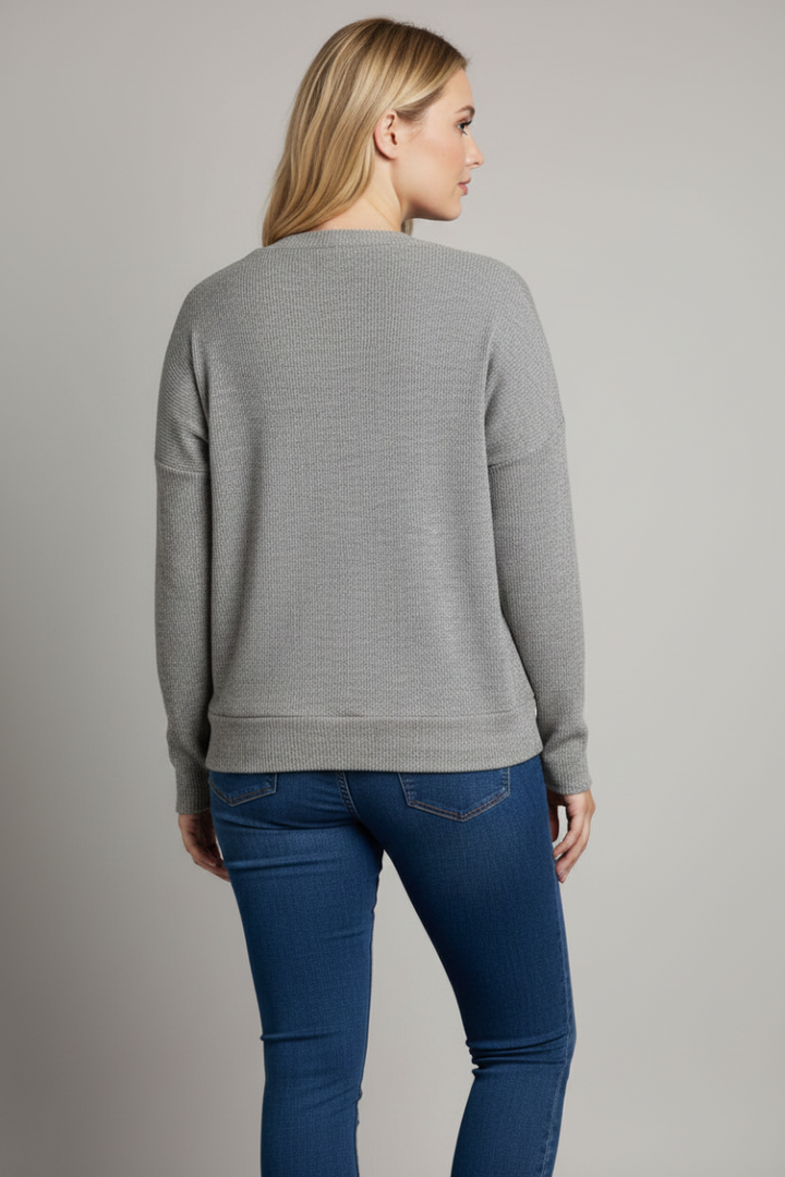 GREY LEAVES PRINT RIB CONTRAST PLUS SIZE TOP-TP1952
