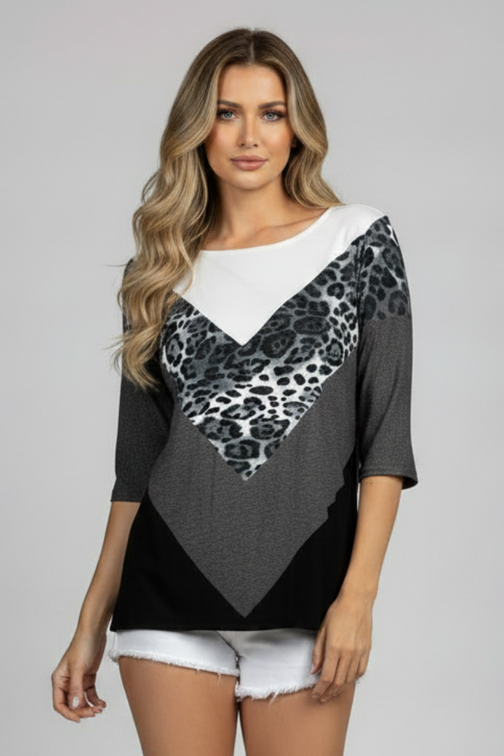 LEOPARD PRINT DOLMAN SLEEVES CONTRAST KNIT TOP-CT43609E-