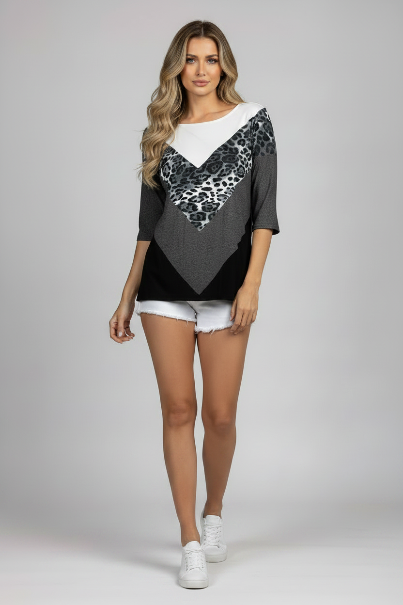 LEOPARD PRINT DOLMAN SLEEVES CONTRAST KNIT TOP-CT43609E-
