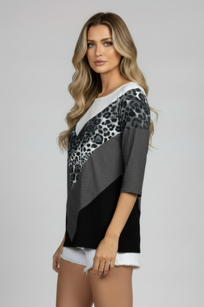LEOPARD PRINT DOLMAN SLEEVES CONTRAST KNIT TOP-CT43609E-