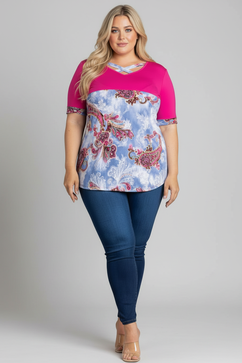 FUSCHIA PAISLEY PRINT KNIT PLUS SIZE TOP-CT43569HPL