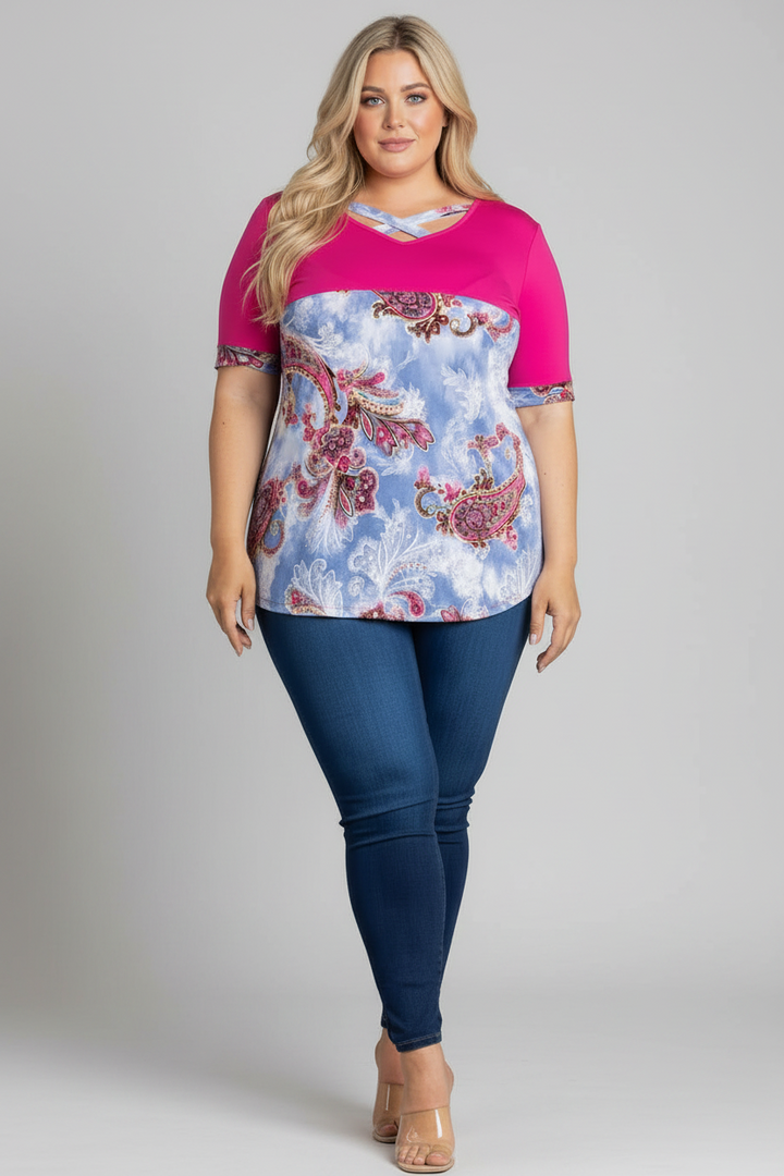FUSCHIA PAISLEY PRINT KNIT PLUS SIZE TOP-CT43569HPL