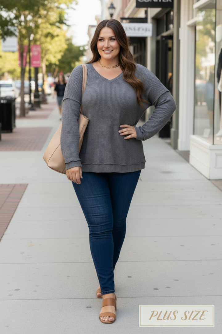 CHARCOAL RIBBED KNIT LONG SLEEVES PLUS SIZE TOP M5044P