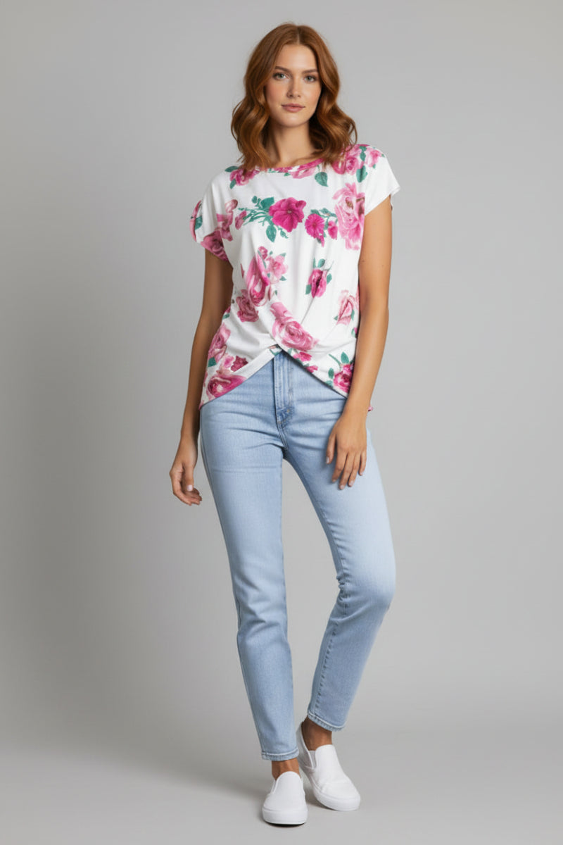 FLORAL PRINT TWISTED HEM TOP-ST1219-