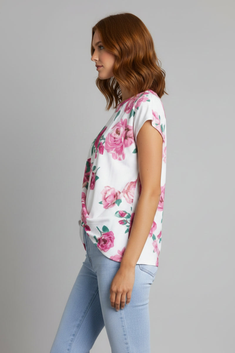 FLORAL PRINT TWISTED HEM TOP-ST1219-