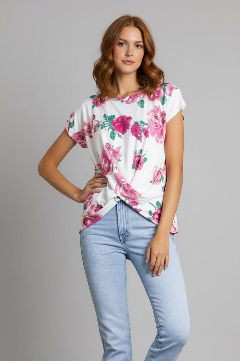 FLORAL PRINT TWISTED HEM TOP-ST1219-