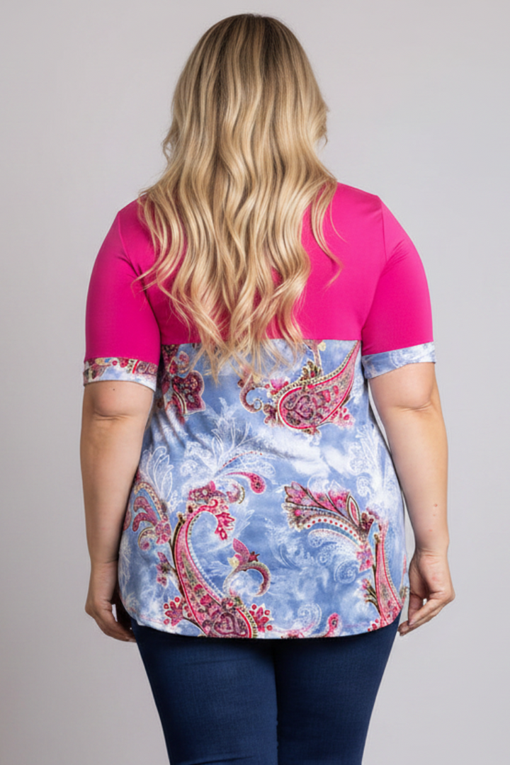 FUSCHIA PAISLEY PRINT KNIT PLUS SIZE TOP-CT43569HPL