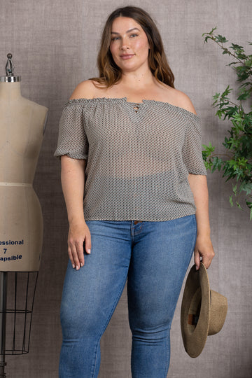 RUST PRINTED DETAILED ELASTIC OFF-SHOULDER PLUS SIZE TOP T4518X
