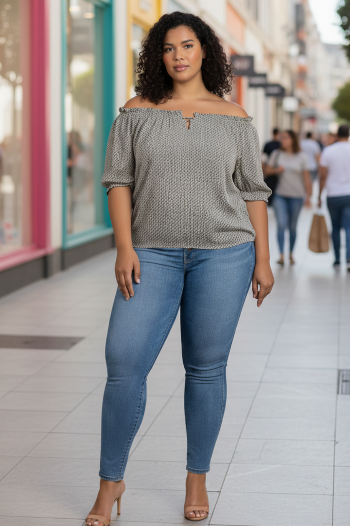RUST PRINTED DETAILED ELASTIC OFF-SHOULDER PLUS SIZE TOP T4518X