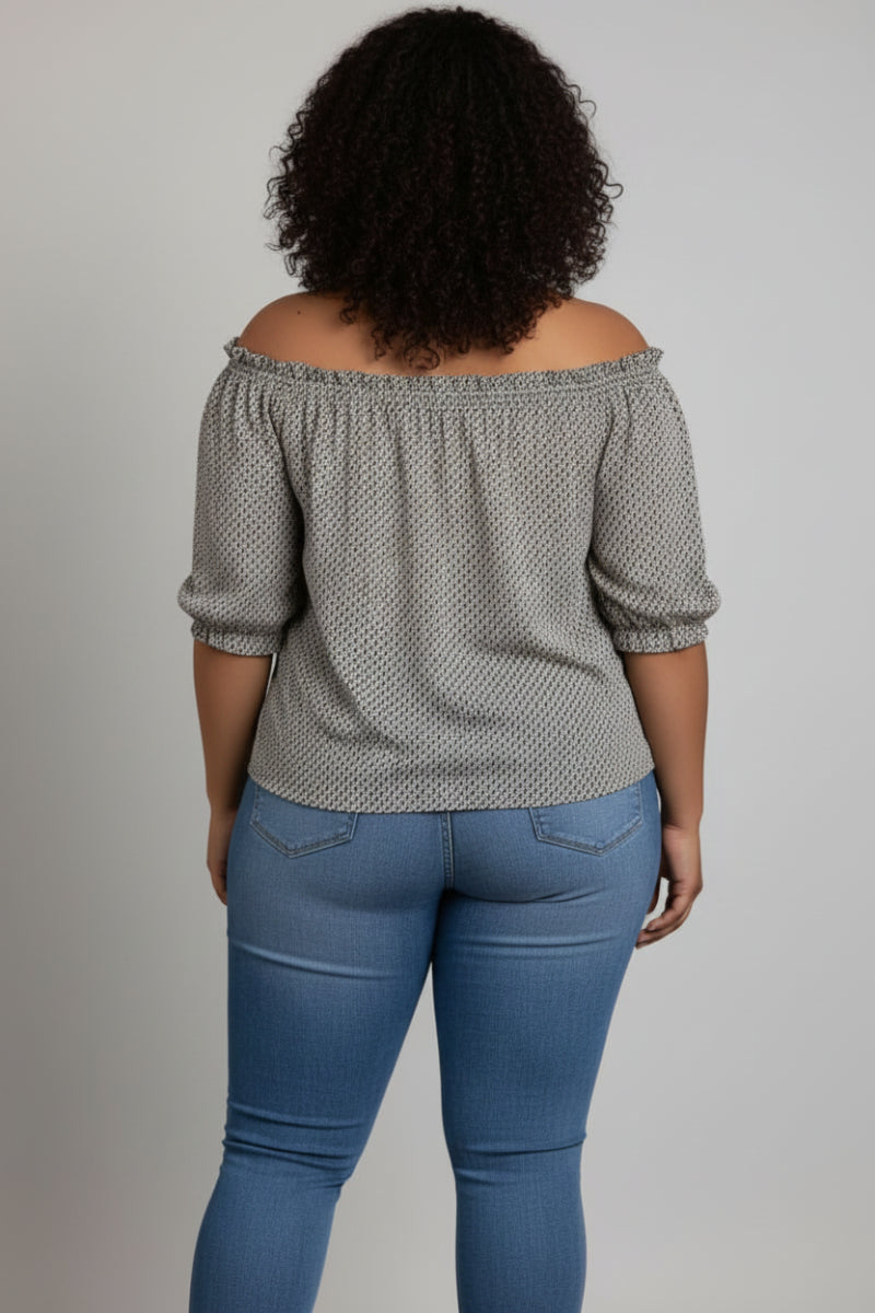 RUST PRINTED DETAILED ELASTIC OFF-SHOULDER PLUS SIZE TOP T4518X