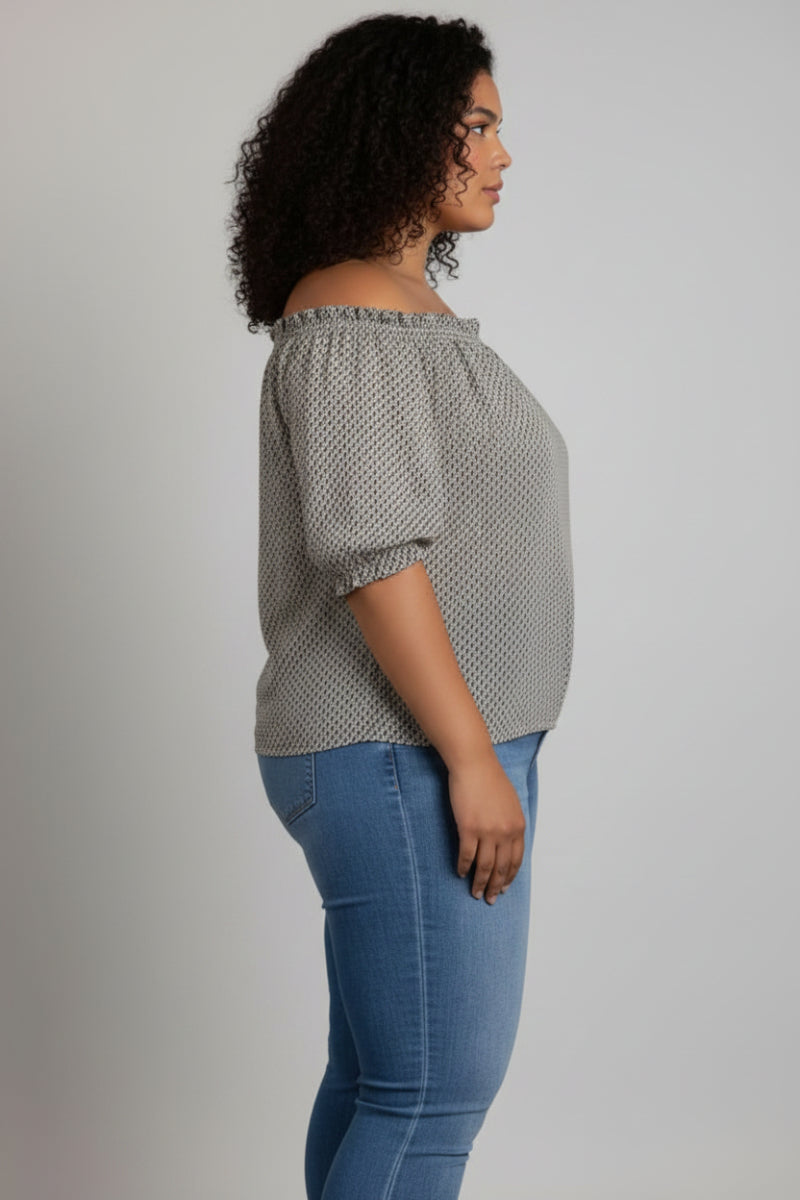 RUST PRINTED DETAILED ELASTIC OFF-SHOULDER PLUS SIZE TOP T4518X