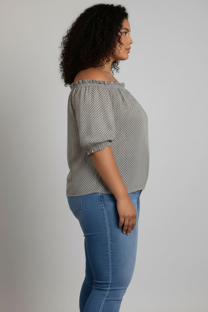 RUST PRINTED DETAILED ELASTIC OFF-SHOULDER PLUS SIZE TOP T4518X