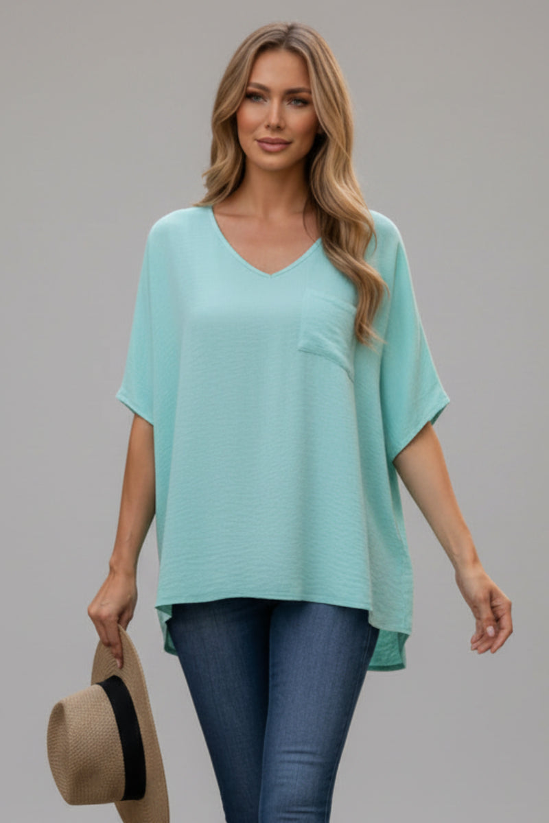 AQUA SOLID V-NECK SHORT SLEEVE LOOSE FIT TUNIC TOP-ST11475-