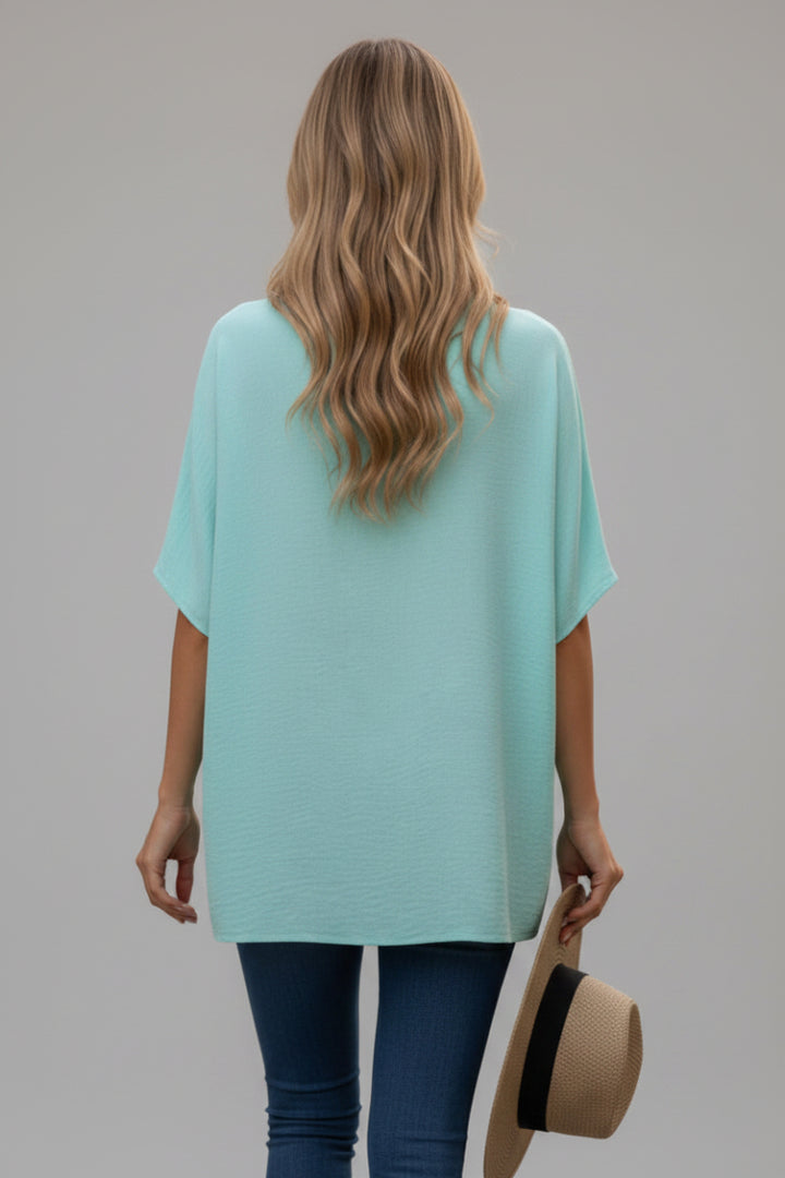 AQUA SOLID V-NECK SHORT SLEEVE LOOSE FIT TUNIC TOP-ST11475-