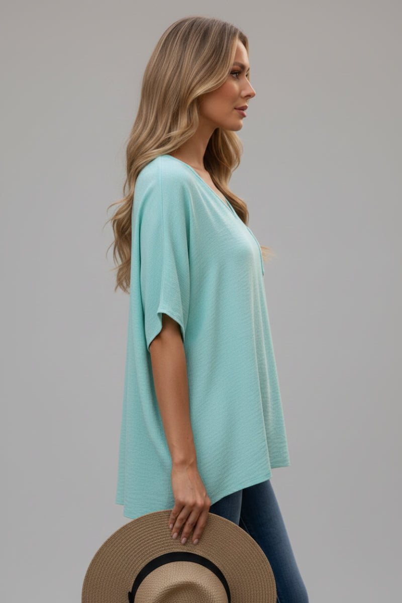 AQUA SOLID V-NECK SHORT SLEEVE LOOSE FIT TUNIC TOP-ST11475-
