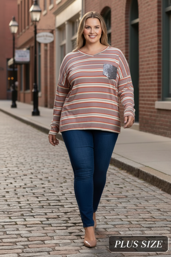 PLUS SIZE STRIPES W/SILVER SEQUINS PATCH POCKET TOP TP1947-