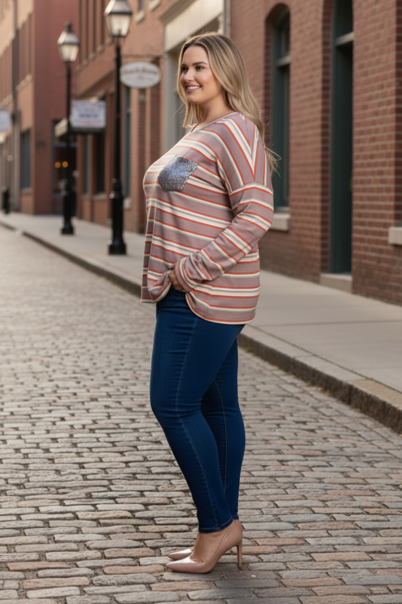 PLUS SIZE STRIPES W/SILVER SEQUINS PATCH POCKET TOP TP1947-