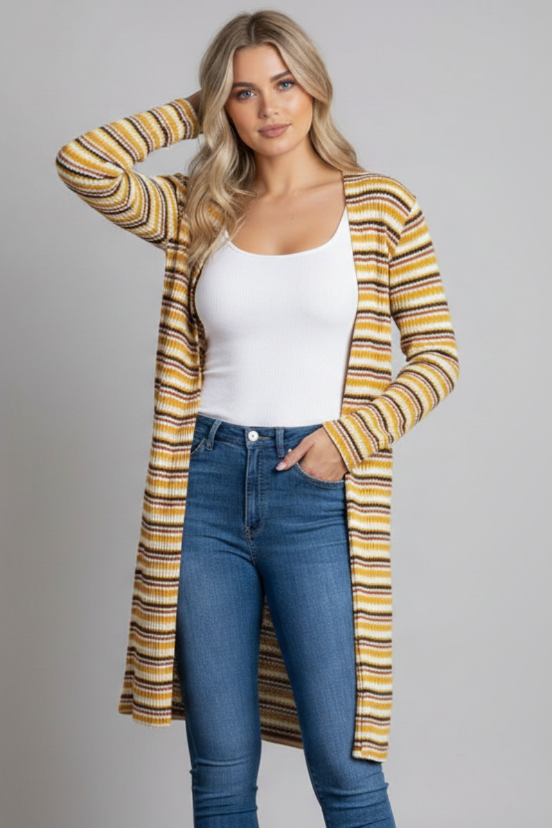 MUSTARD STRIPE OPEN FRONT KNIT LONG CARDIGAN-L4642