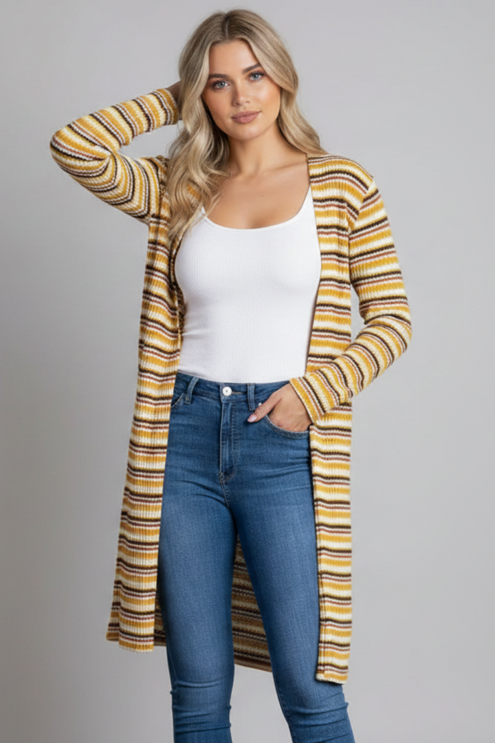 MUSTARD STRIPE OPEN FRONT KNIT LONG CARDIGAN-L4642