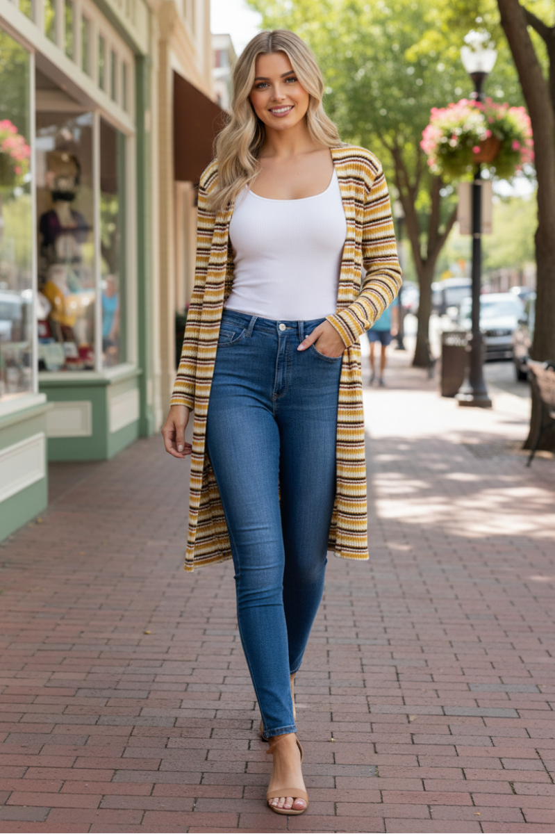 MUSTARD STRIPE OPEN FRONT KNIT LONG CARDIGAN-L4642