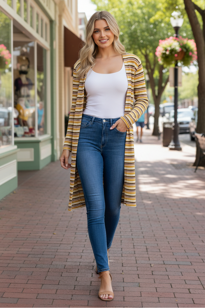 MUSTARD STRIPE OPEN FRONT KNIT LONG CARDIGAN-L4642