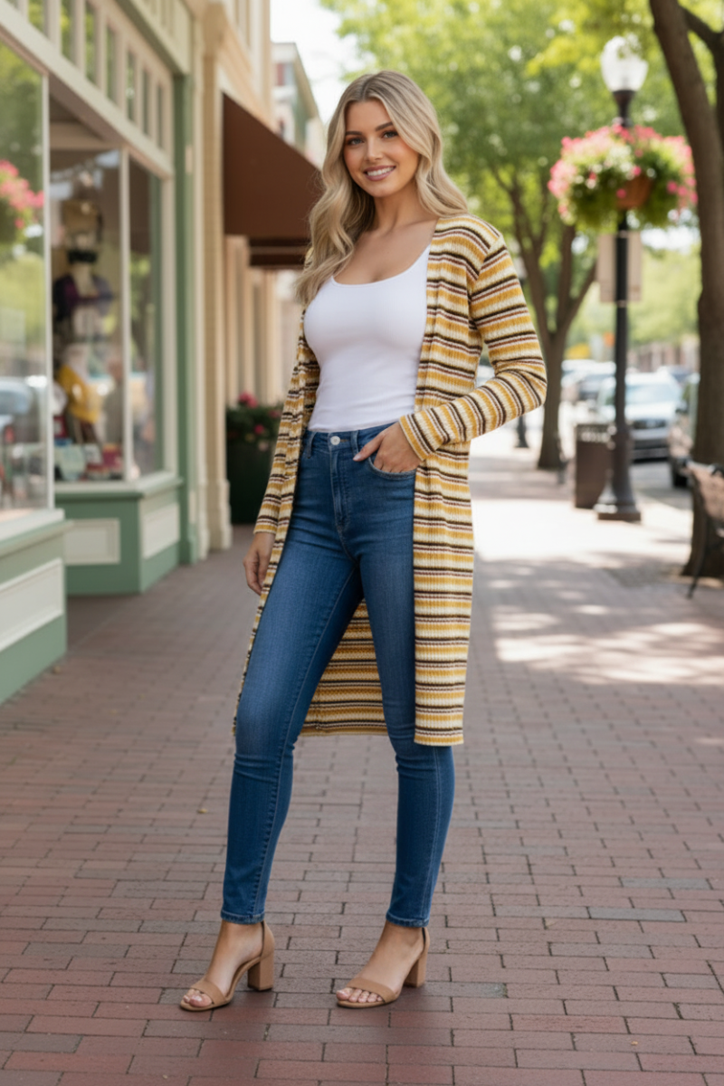MUSTARD STRIPE OPEN FRONT KNIT LONG CARDIGAN-L4642
