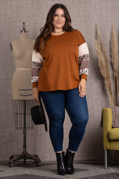 4T2040-5-BROWN COMBO DOLMAN LONG  SLEEVES PLUS SIZE TOP