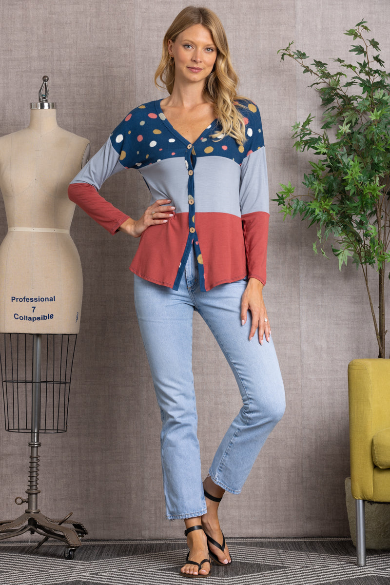 MIXED-PATTERN BUTTON DOWN SWEATER-CT43590D
