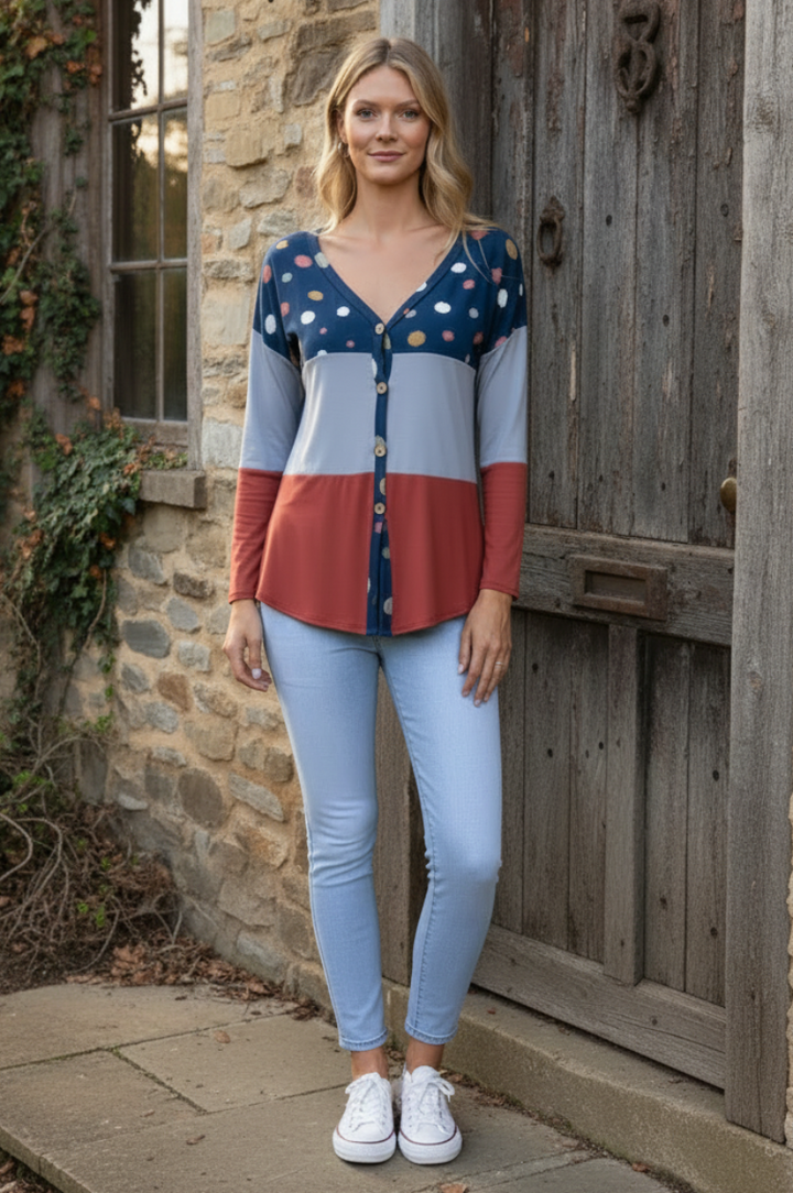 POLKADOT COLOR BLOCK BUTTON DOWN SWEATER-CT43590D