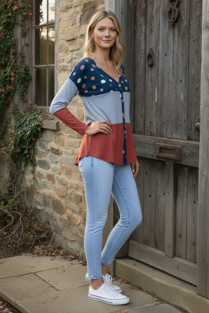 POLKADOT COLOR BLOCK BUTTON DOWN SWEATER-CT43590D