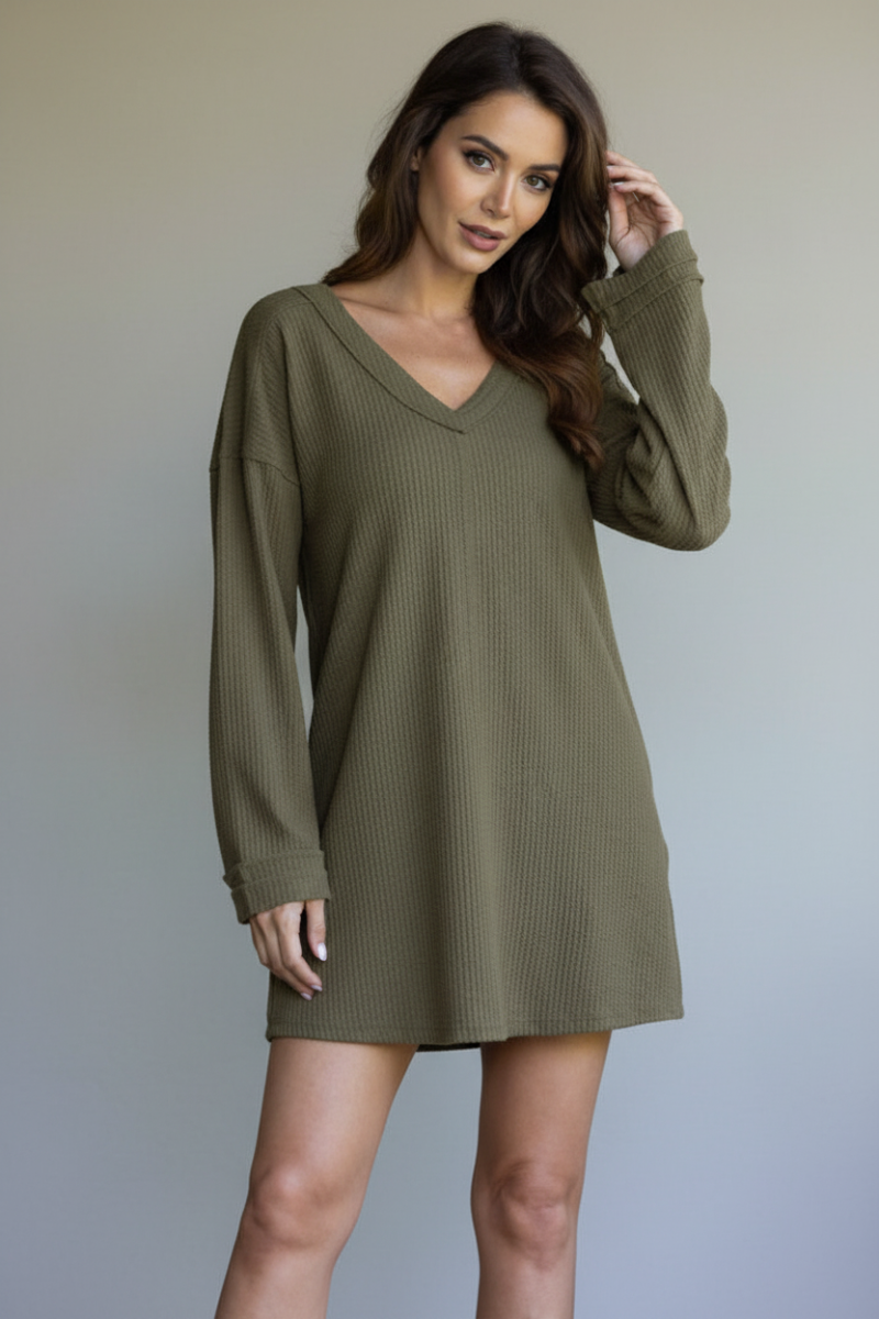 RIBBED KNIT LONG SLEEVES MINI DRESS-ND30196-