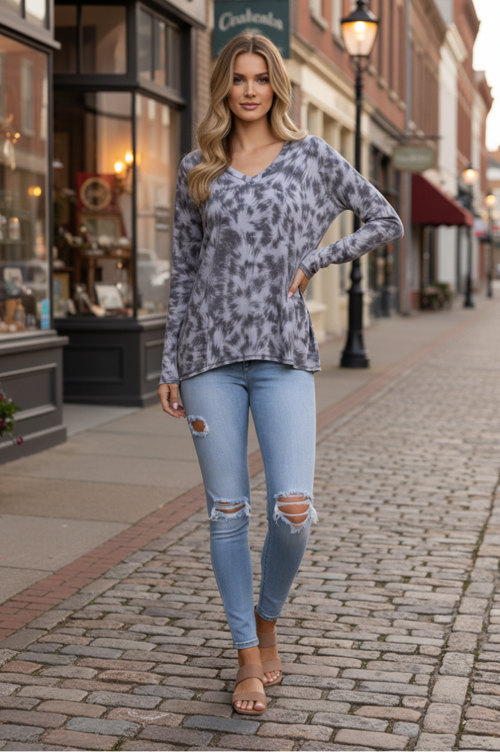 GREY PAINT BRUSH PRINT LONG SLEEVE TOP TY10056-