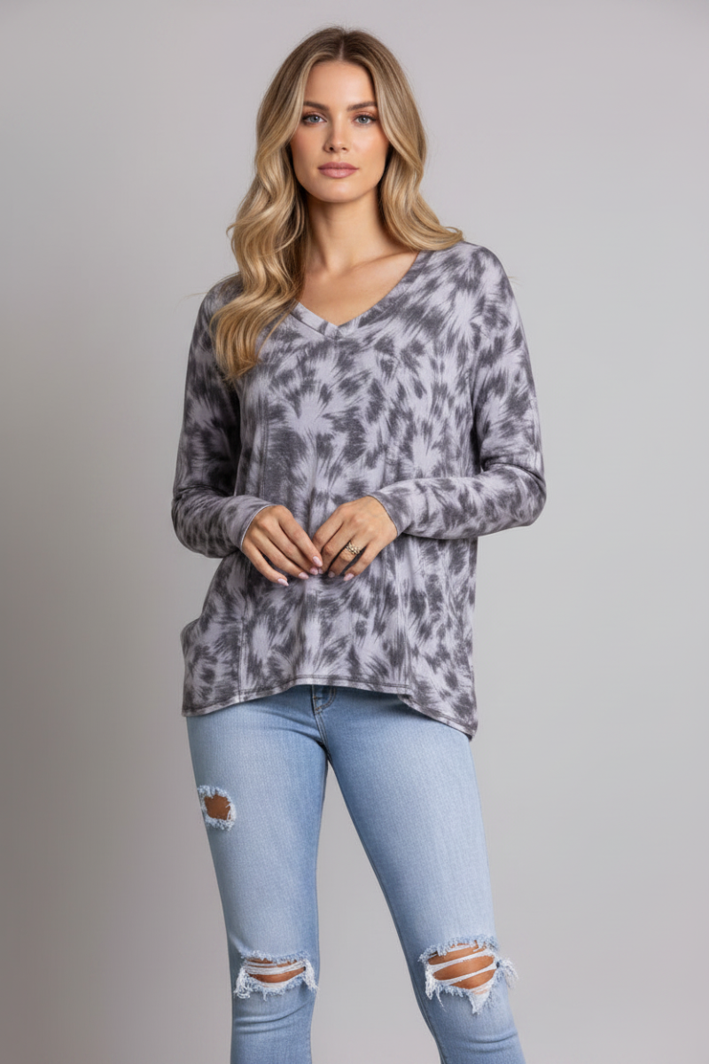 GREY PAINT BRUSH PRINT LONG SLEEVE TOP TY10056-