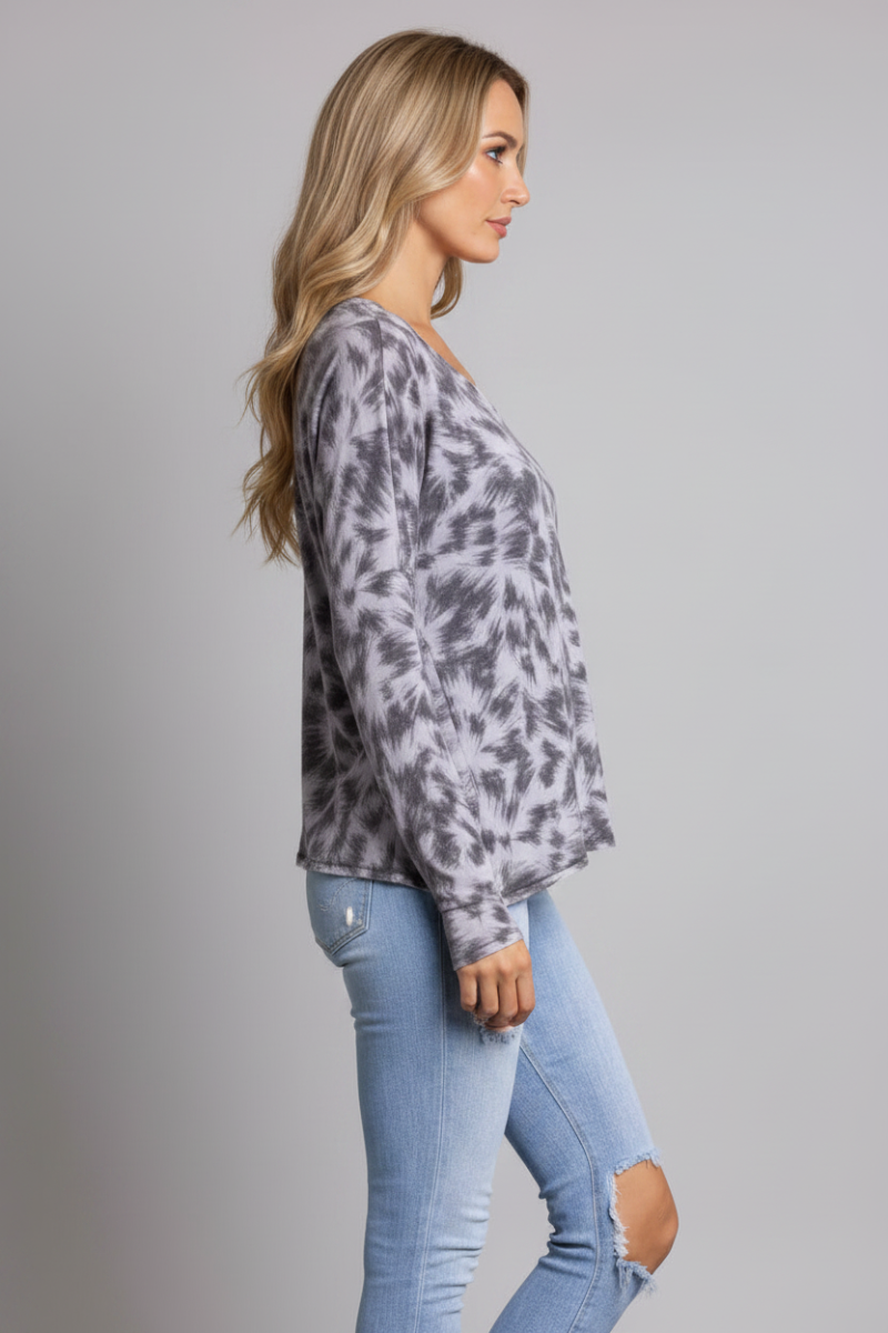 GREY PAINT BRUSH PRINT LONG SLEEVE TOP TY10056-