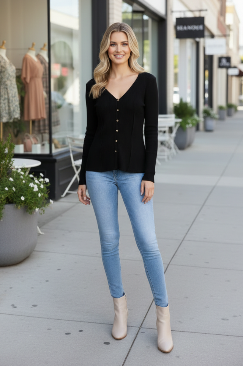STONE BEIGE RIBBED KNIT BUTTON DOWN LONG SLEEVE TOP-TAT368-
