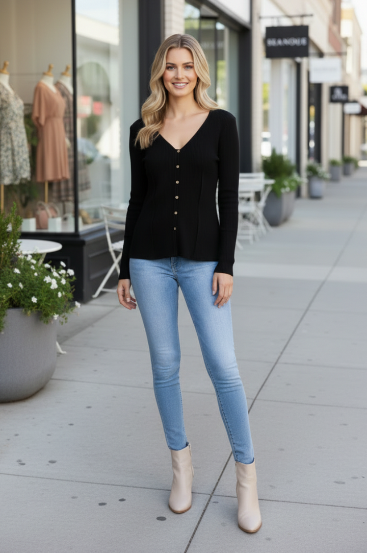 STONE BEIGE RIBBED KNIT BUTTON DOWN LONG SLEEVE TOP-TAT368-