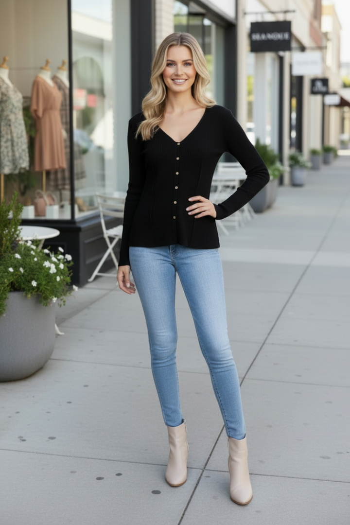 STONE BEIGE RIBBED KNIT BUTTON DOWN LONG SLEEVE TOP-TAT368-