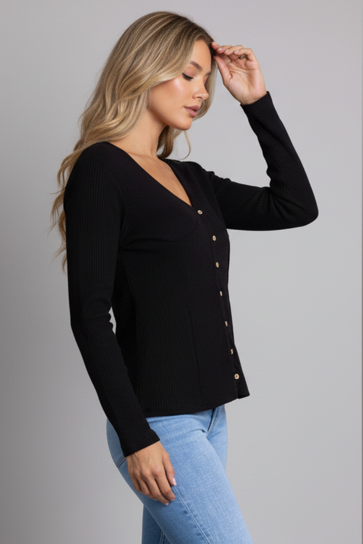 STONE BEIGE RIBBED KNIT BUTTON DOWN LONG SLEEVE TOP-TAT368-