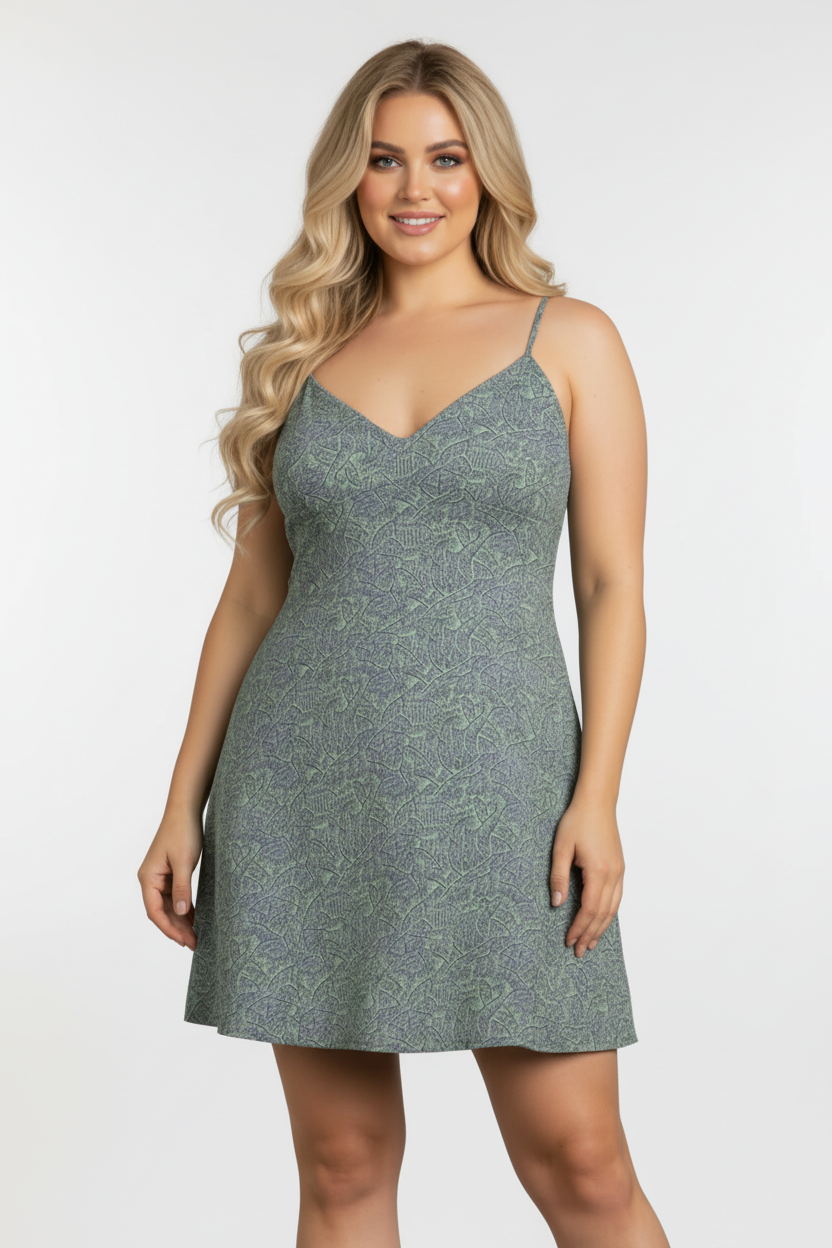 SAGE LEAF PRINT SPAGHETTI STRAP PLUS SIZE MINI DRESS-D3639SX