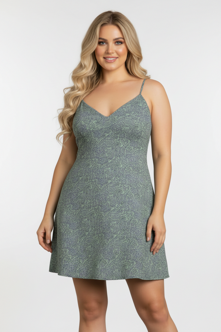 SAGE LEAF PRINT SPAGHETTI STRAP PLUS SIZE MINI DRESS-D3639SX
