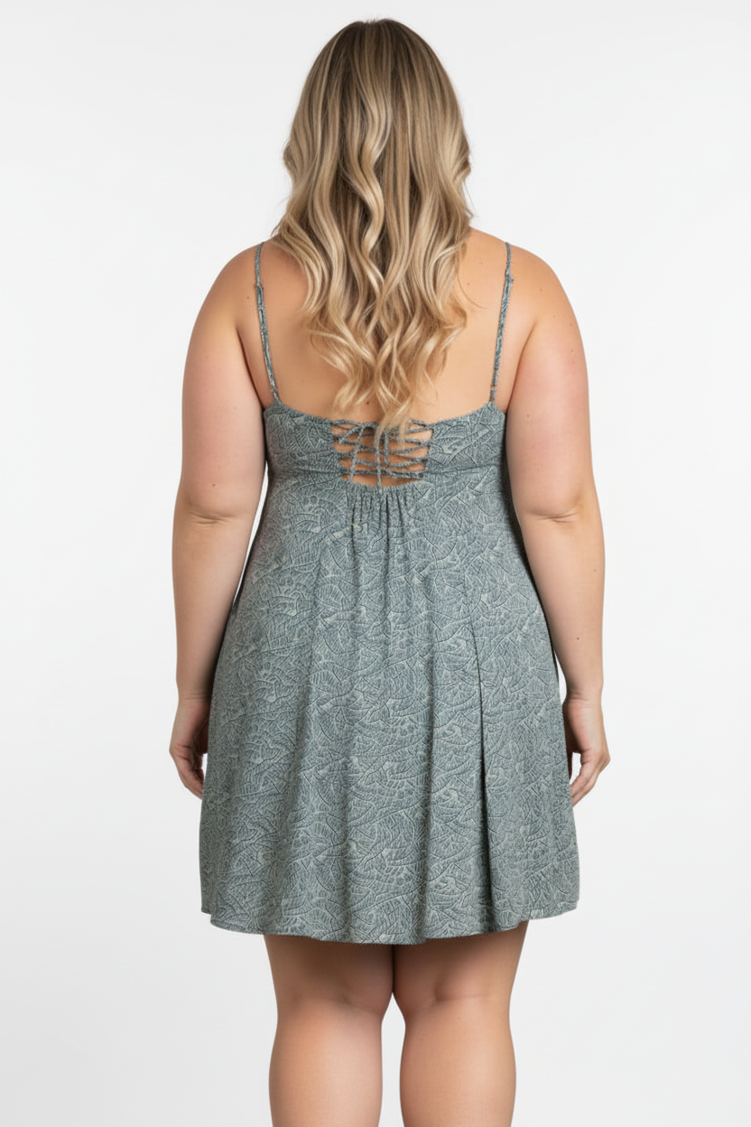 SAGE LEAF PRINT SPAGHETTI STRAP PLUS SIZE MINI DRESS-D3639SX