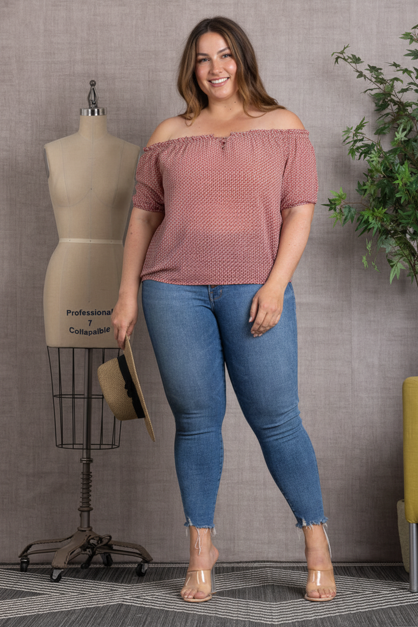 RUST PRINTED DETAILED ELASTIC OFF-SHOULDER PLUS SIZE TOP T4518X